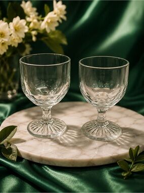 Set of 2 Vintage Clear Goblet Glasses | Footed Drinking Glasses 6” Tall Chalices